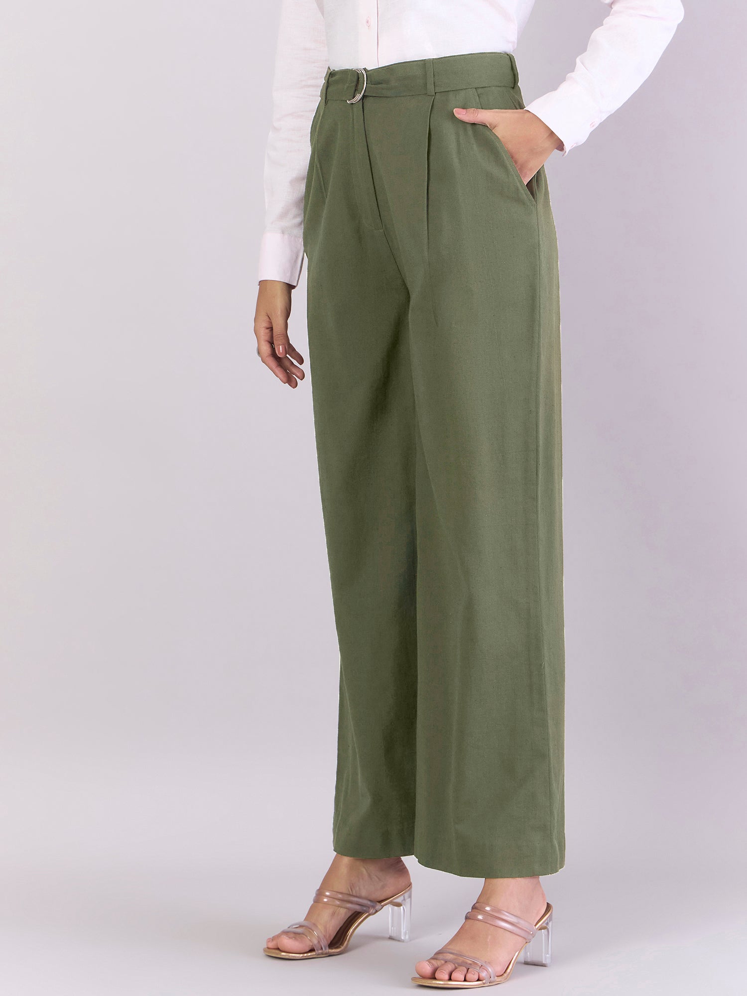 Women Dark Green Pleated loose fit High-Waist trouser with detachable D-ring belt