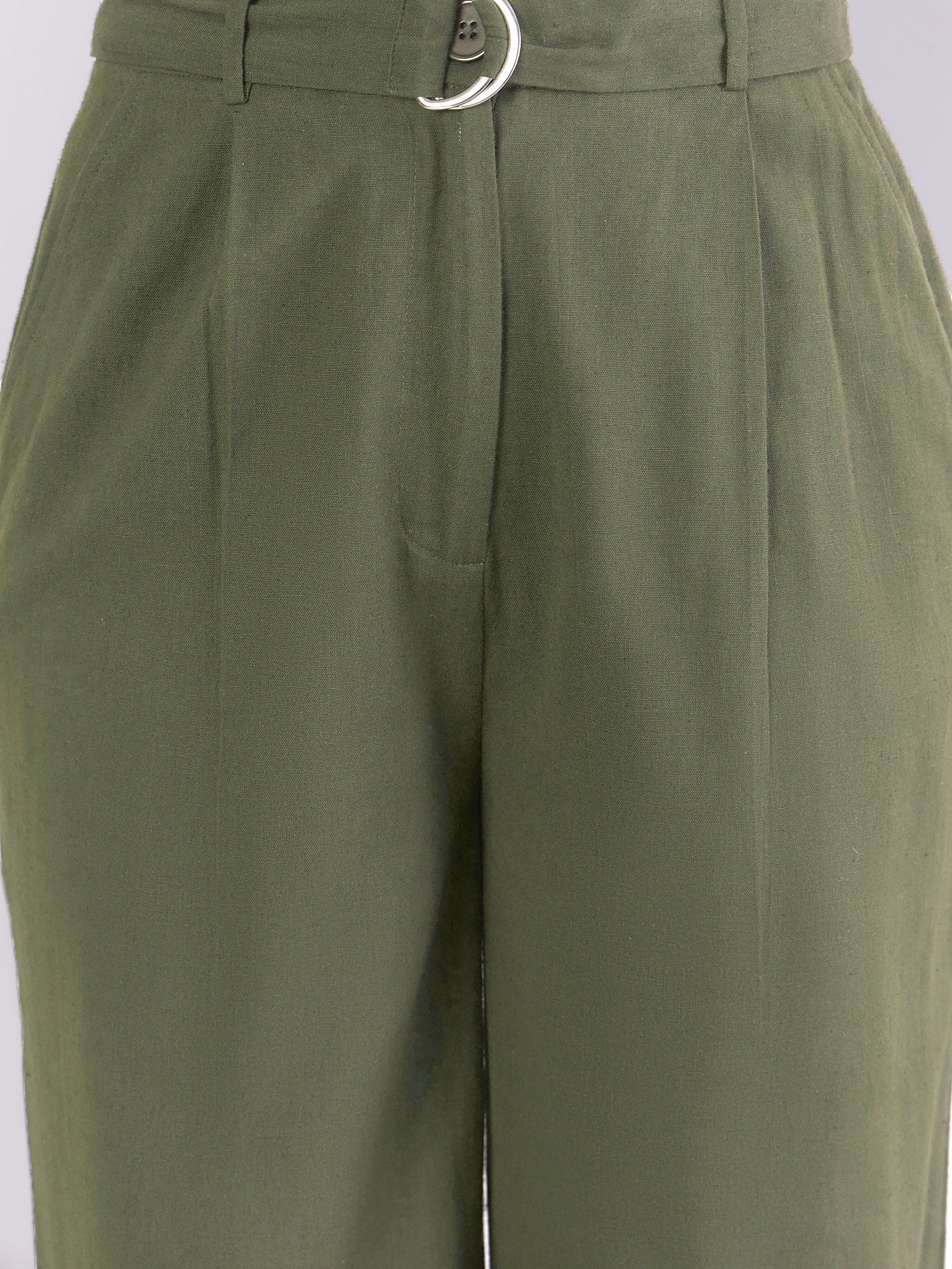 Women Dark Green Pleated Loose Fit High-Waist Cotton Trouser