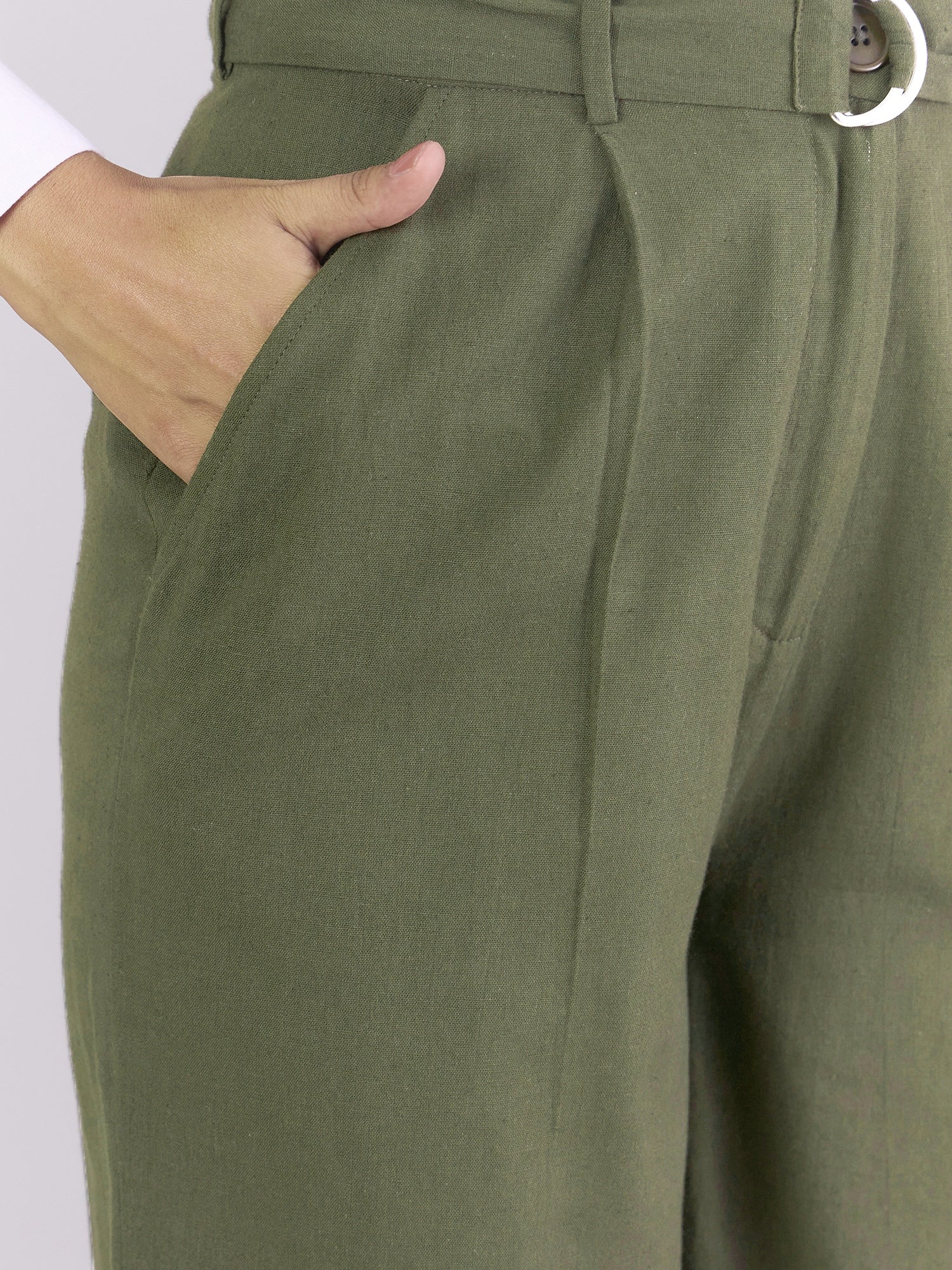 Women Dark Green Pleated loose fit High-Waist trouser with detachable D-ring belt