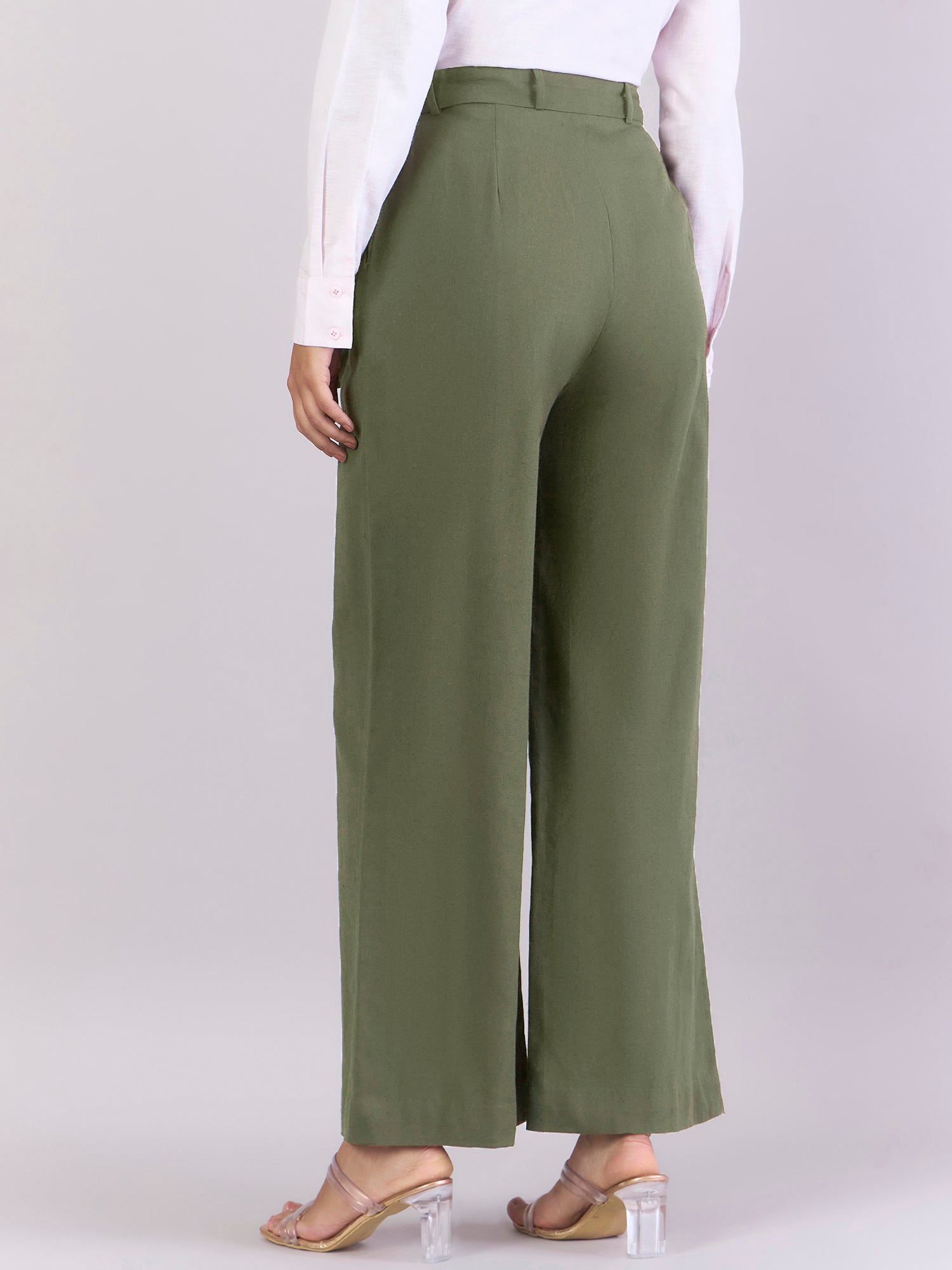 Women Dark Green Pleated Loose Fit High-Waist Cotton Trouser