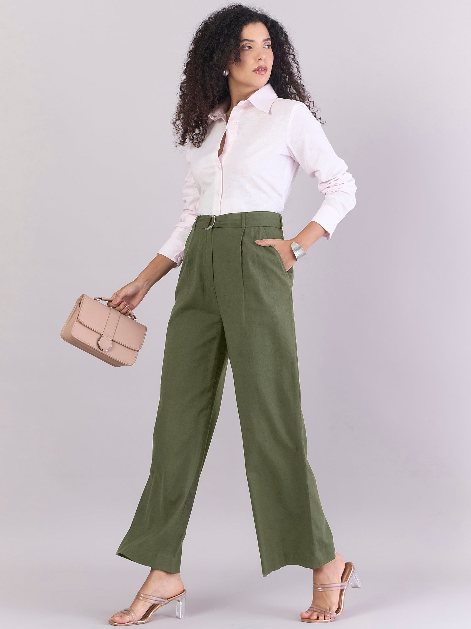 Women Dark Green Pleated loose fit High-Waist trouser with detachable D-ring belt