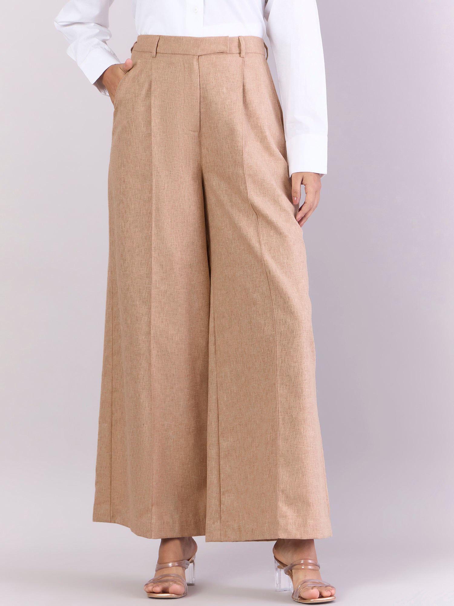Classic Beige Relaxed Straight Fit High Waist Wide Leg Trouser