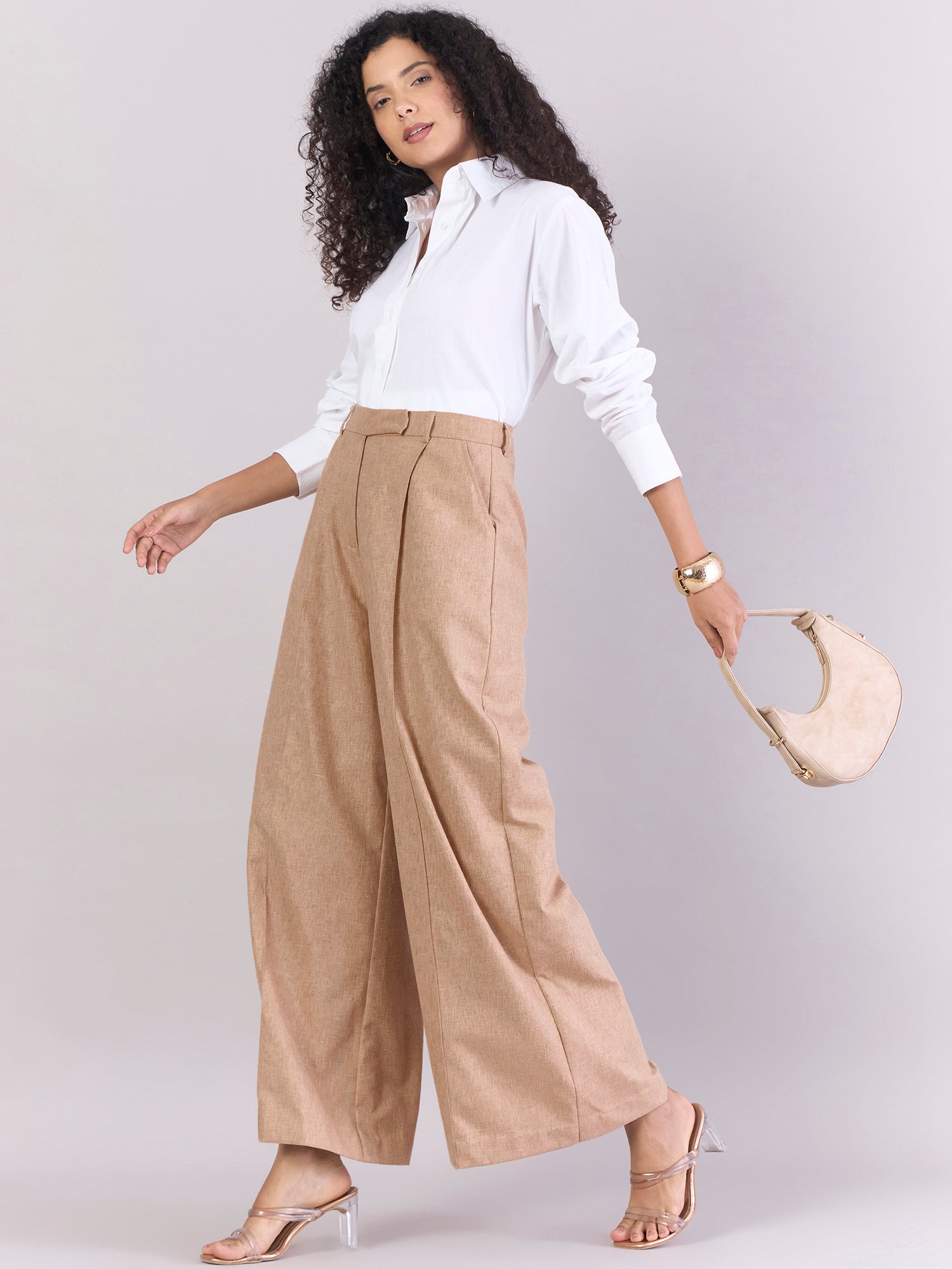Classic Beige Relaxed Straight Fit High Waist Wide Leg Trouser