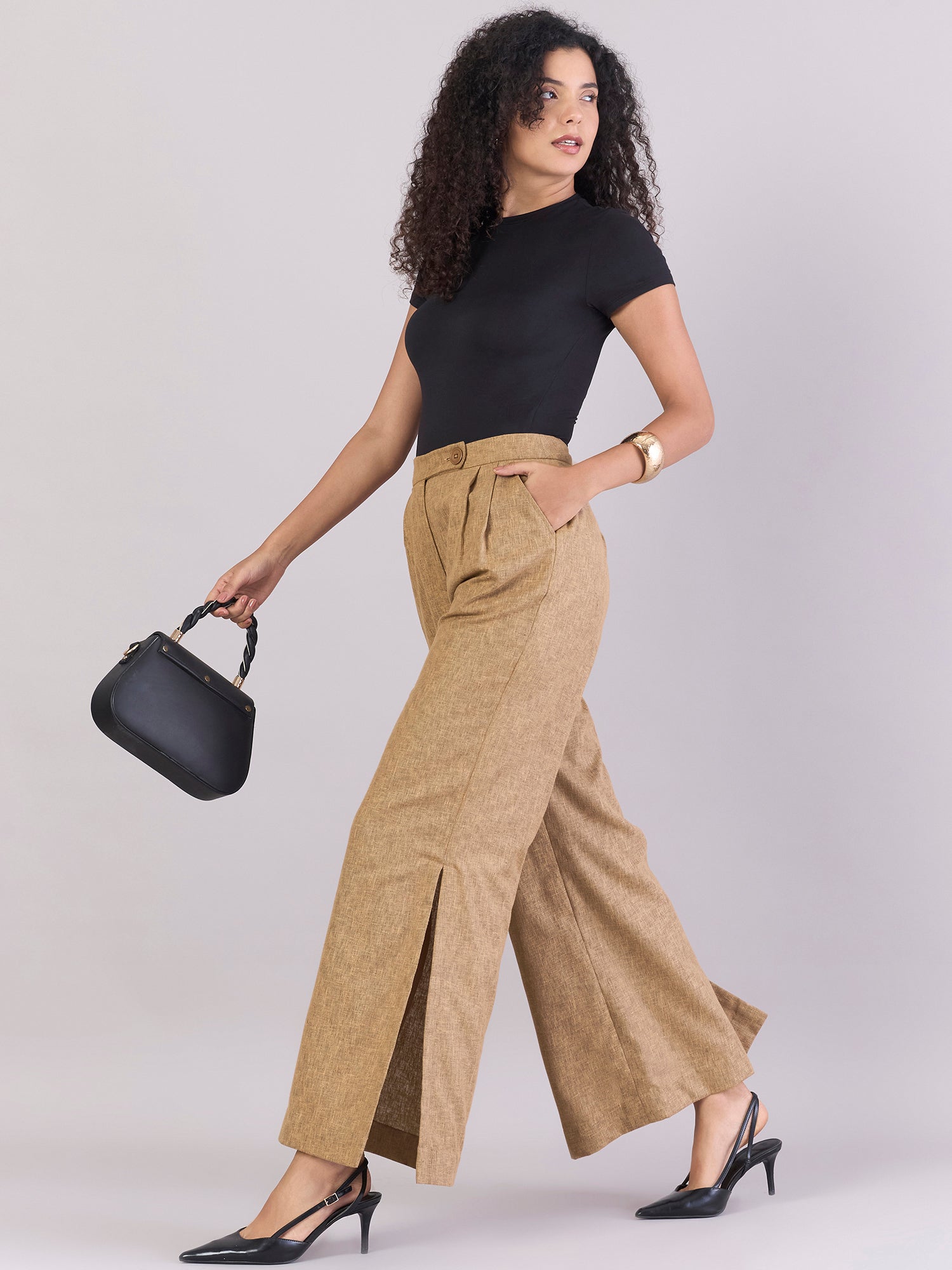 High-Waisted Fold Pleated Slit Hem Wide Leg Trouser