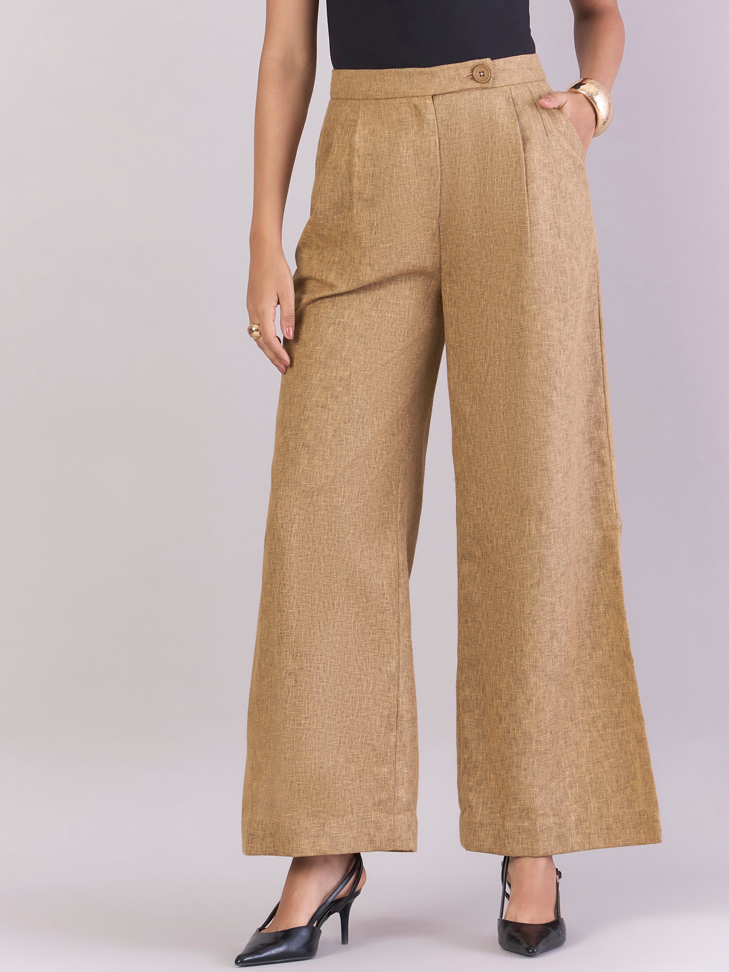 High-Waisted Fold Pleated Slit Hem Wide Leg Trouser