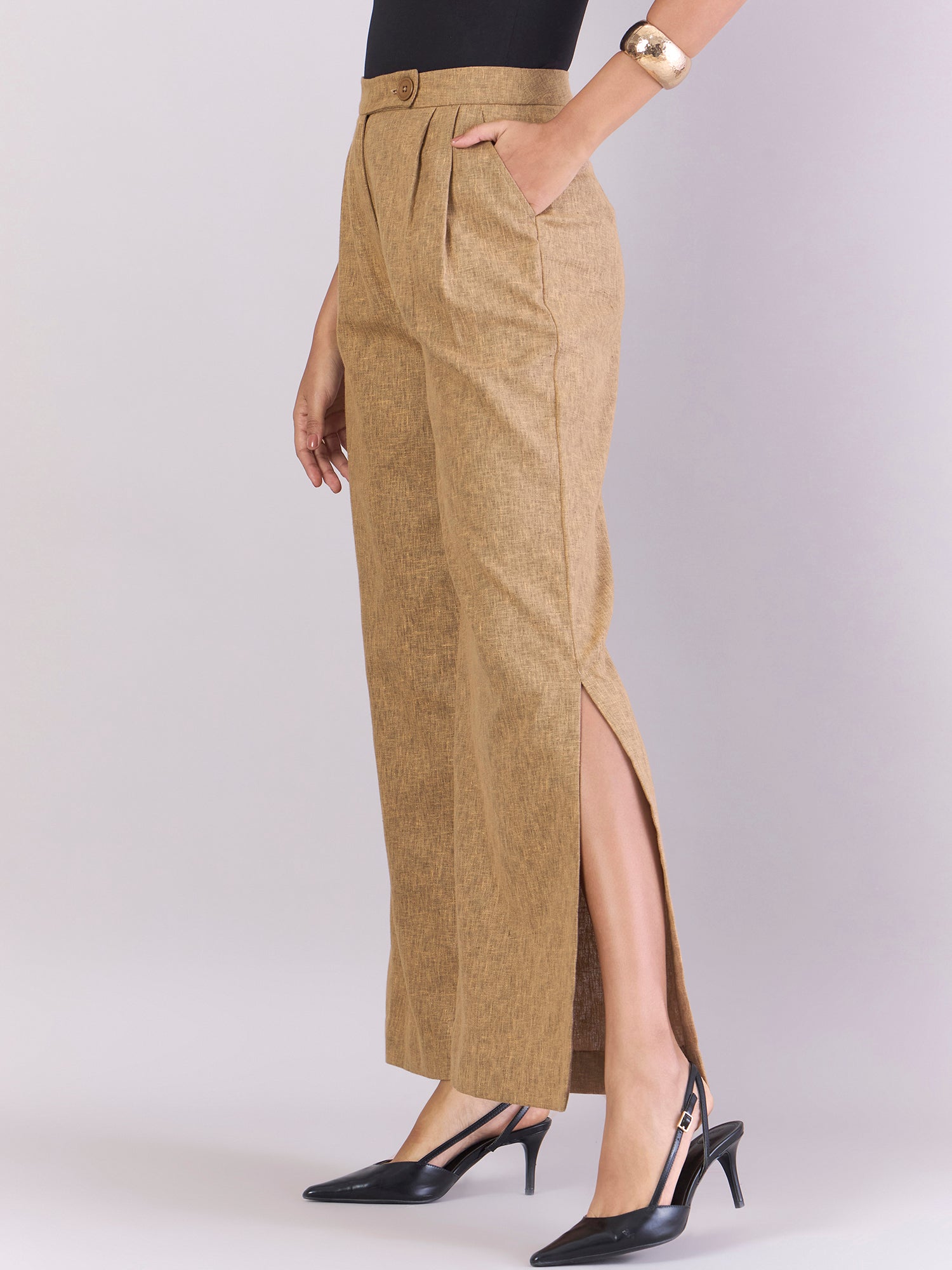 High-Waisted Fold Pleated Slit Hem Wide Leg Trouser