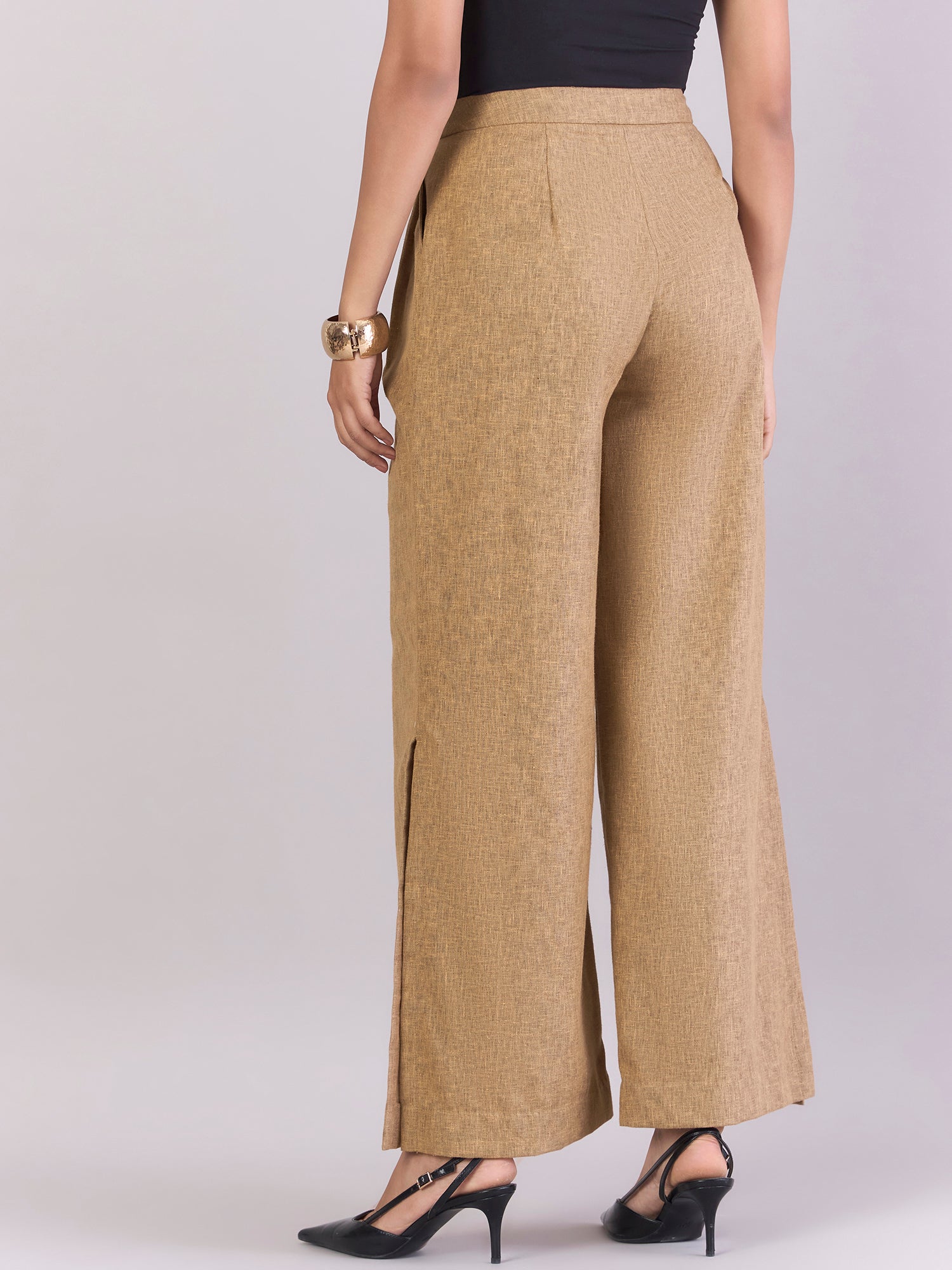 High-Waisted Fold Pleated Slit Hem Wide Leg Trouser