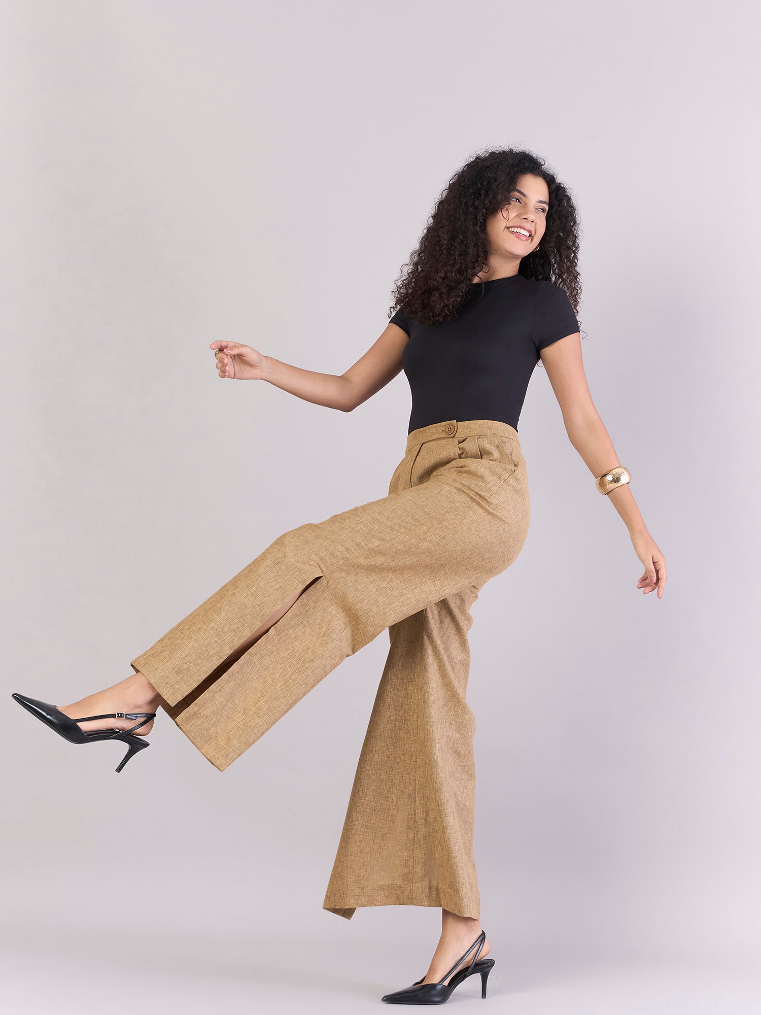 High-Waisted Fold Pleated Slit Hem Wide Leg Trouser