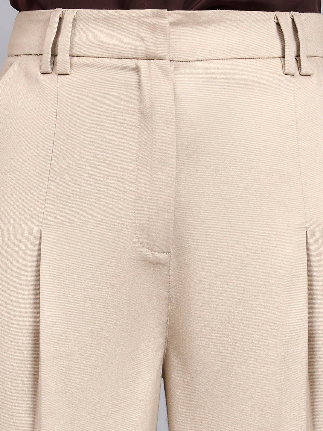 Plus Size Light Beige High Waist Pleated Trouser