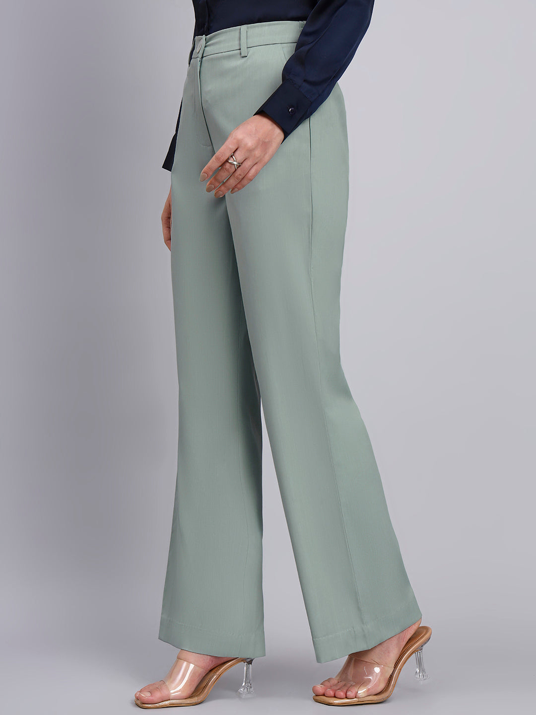 Refined Sage Green Stretchable Trousers with Button Closure