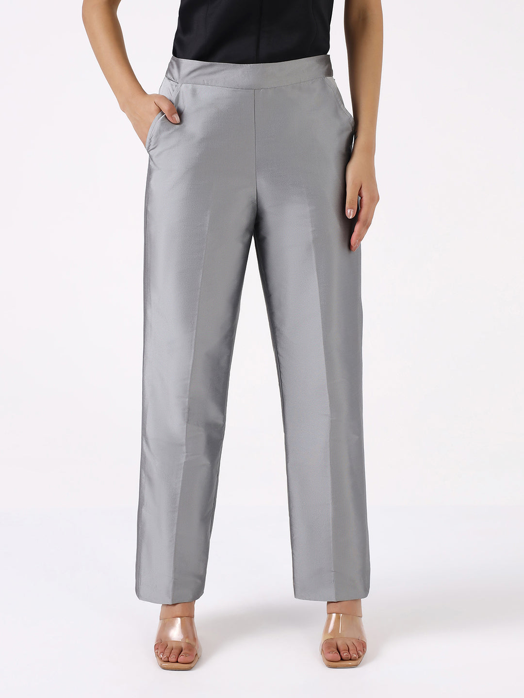 Women Light Grey Mid Rise Pleated Trouser