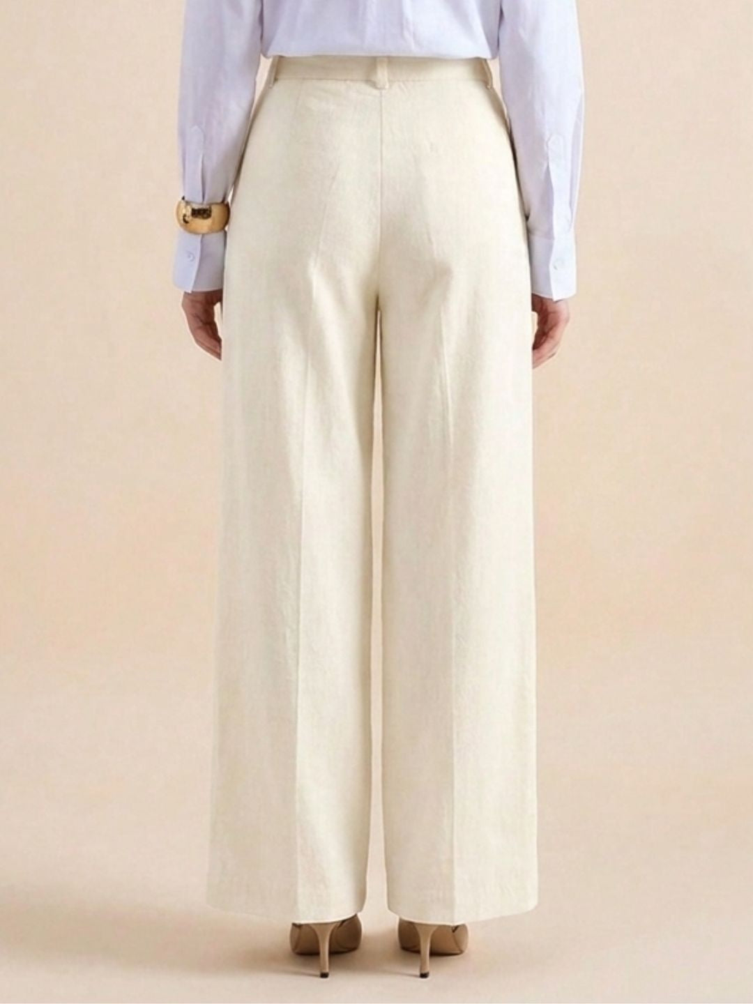 Women Off-White Cotton High Rise Pleated Trouser