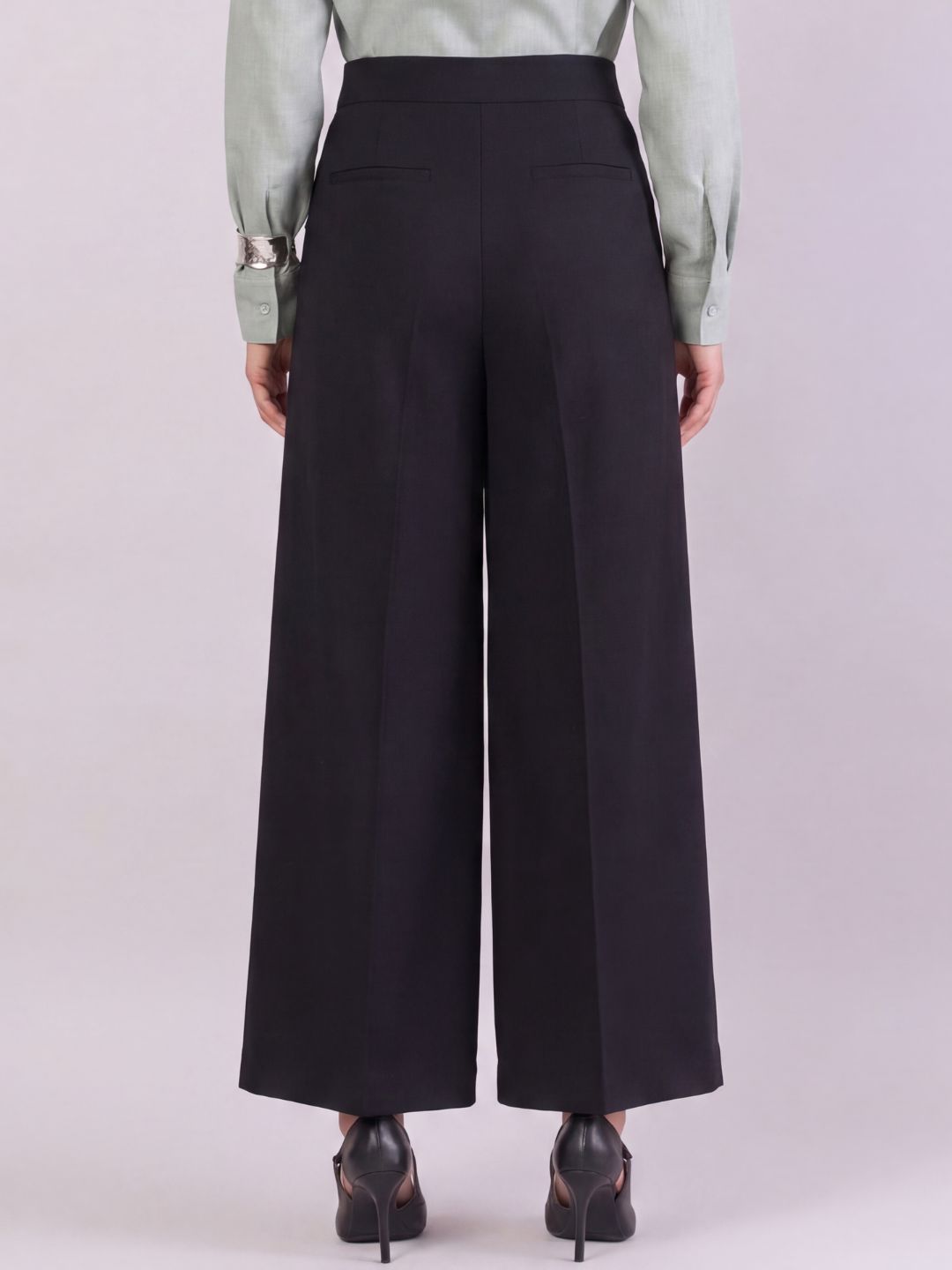 Women Black High-Rise Pleated Trousers