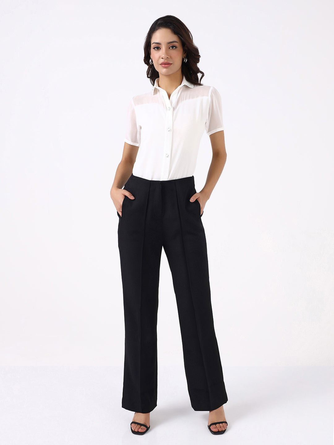 Women Black High-Rise Pintucked Trousers