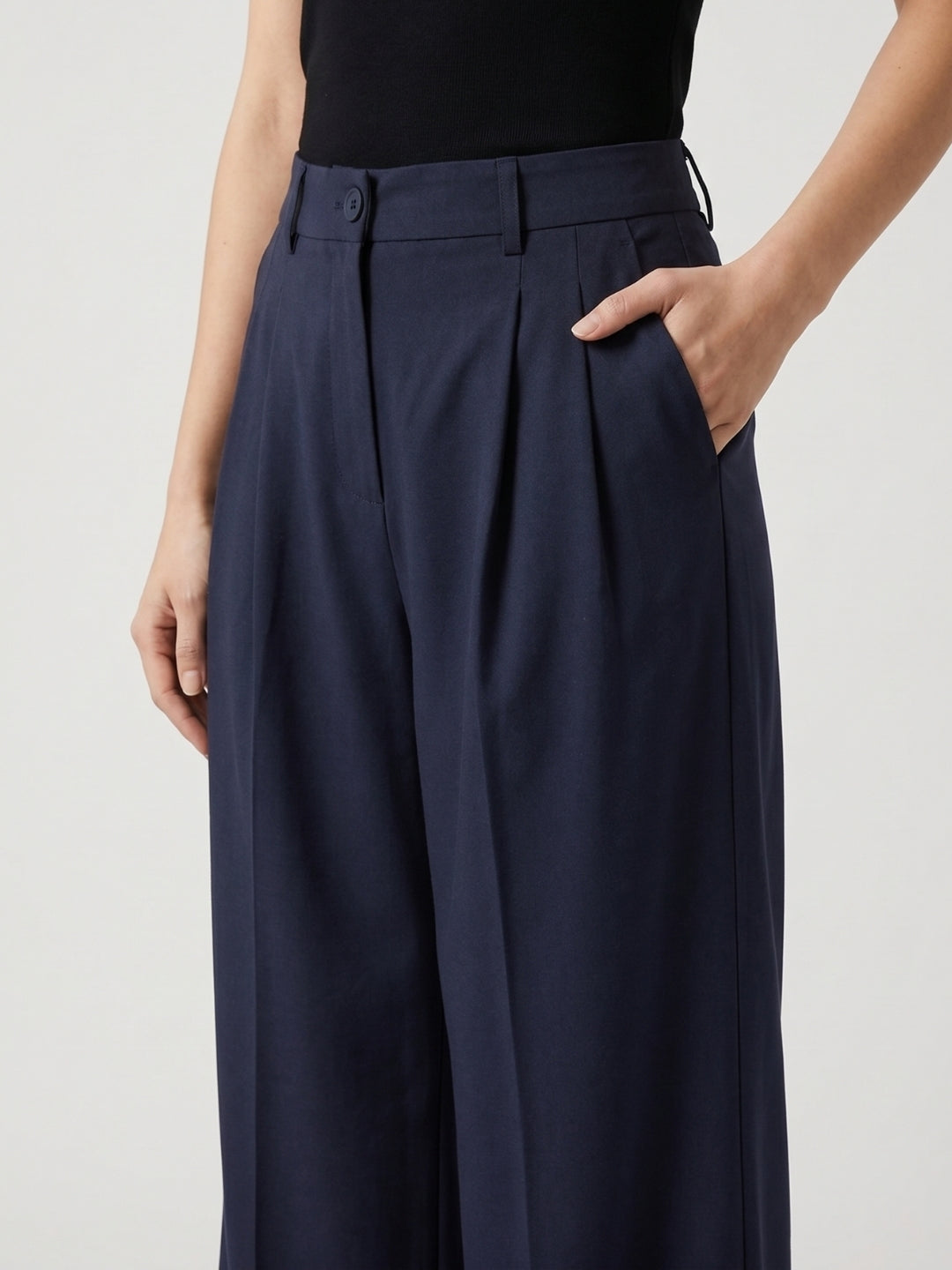 Women Navy Blue High-Rise Pleated Trousers