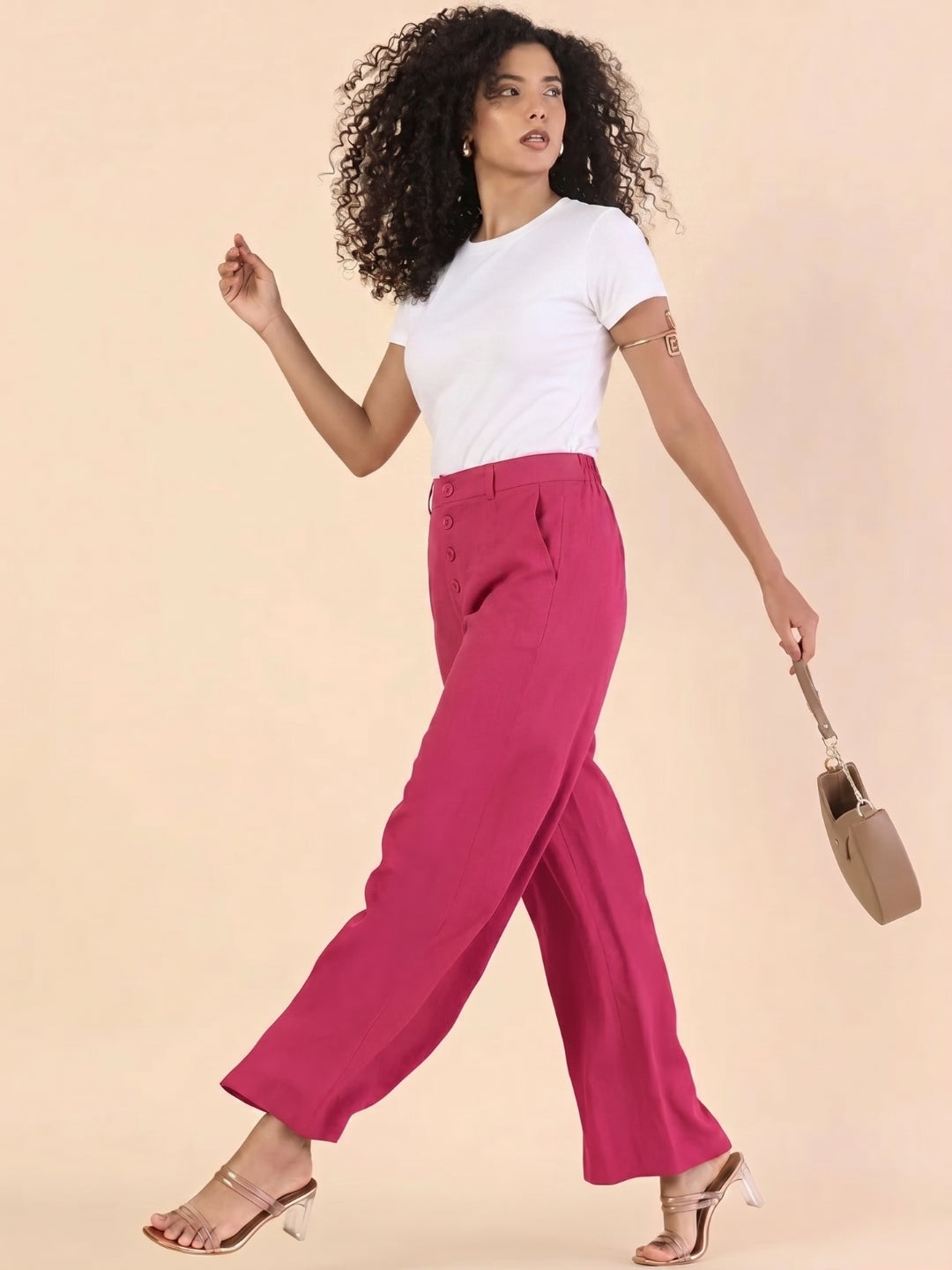 Women Hot Pink High-Rise Trousers