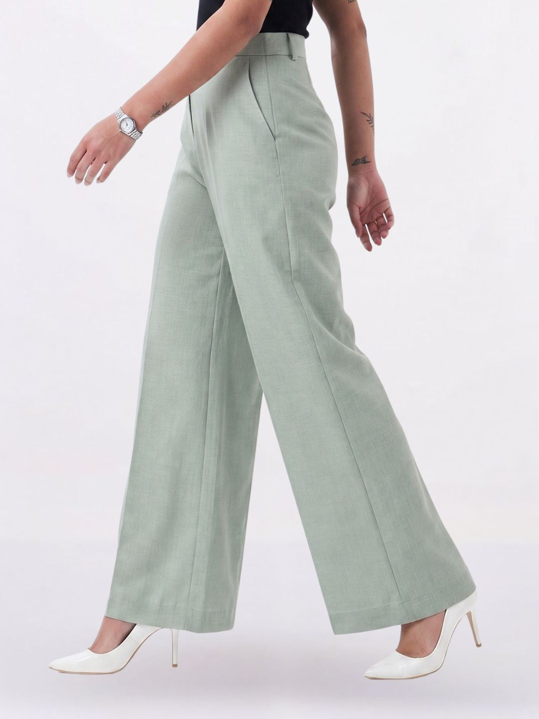 Women Sage Green Stretch High Rise Trouser