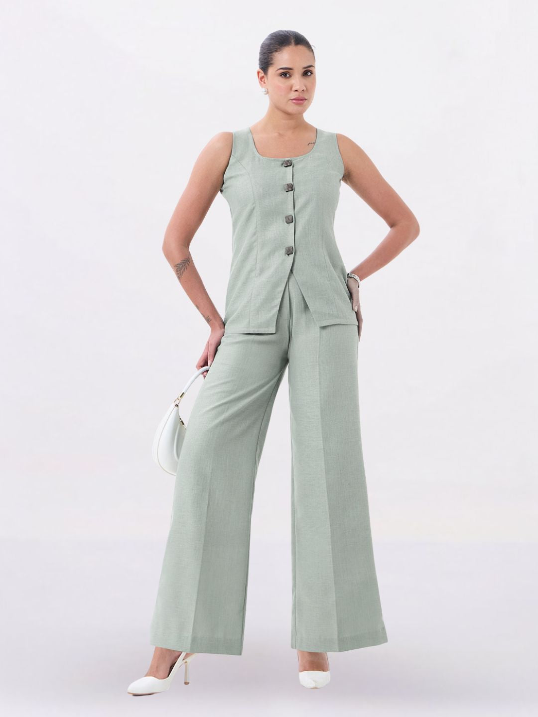 Women Sage Green Stretch High Rise Trouser