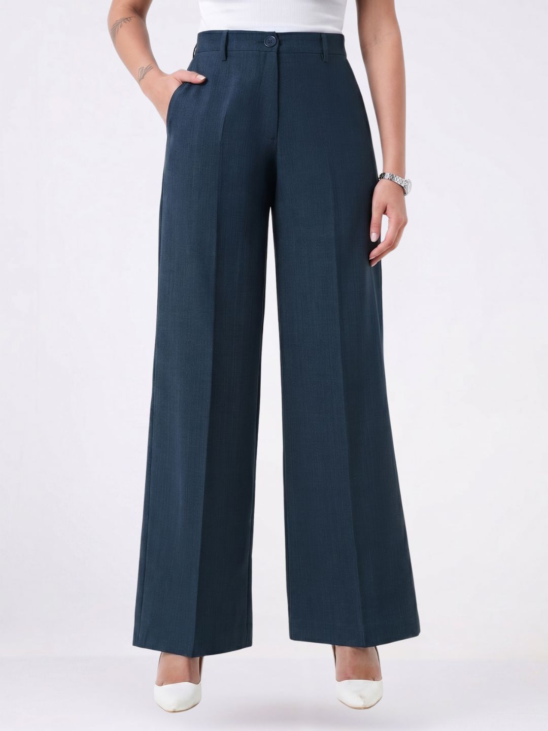 Women Navy Blue Stretch High Rise Pleated Trouser