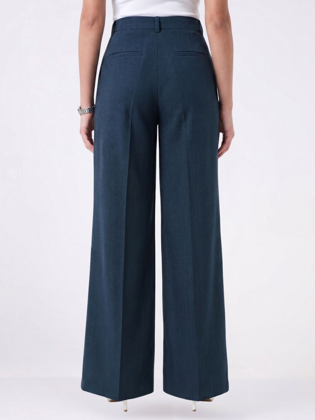 Women Navy Blue Stretch High Rise Pleated Trouser