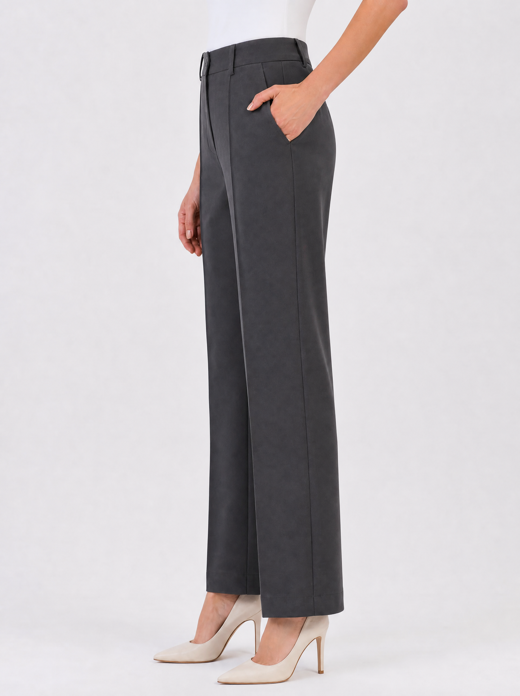 Women Dark Grey Stretch Mid Rise Pleated Trouser