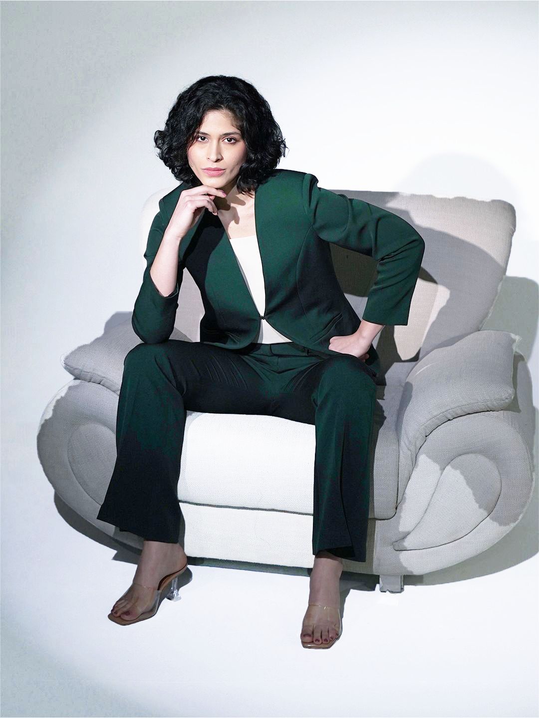 Women Tailored Bottle Green Lapel Less Formal Pantsuit