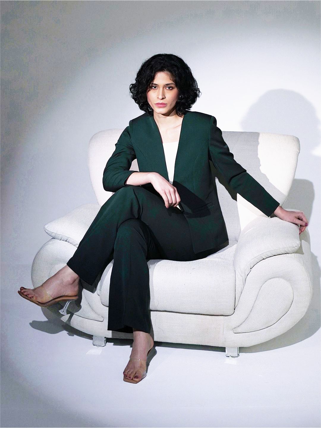 Women Bottle Green Lapel Less Formal Pantsuit