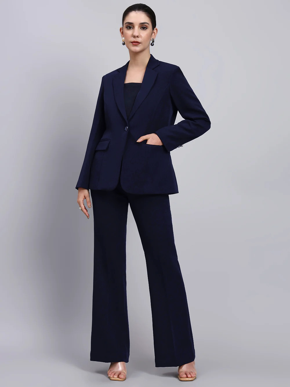 Tailored Navy Blue Blazer-Set and Flared Pants