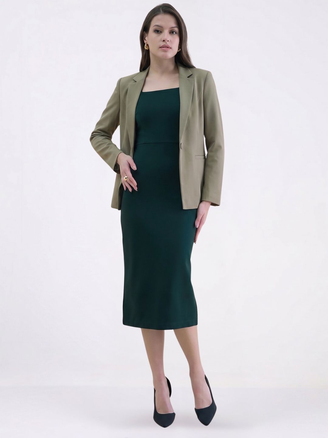 Women green square neck dress with Fern green Blazer
