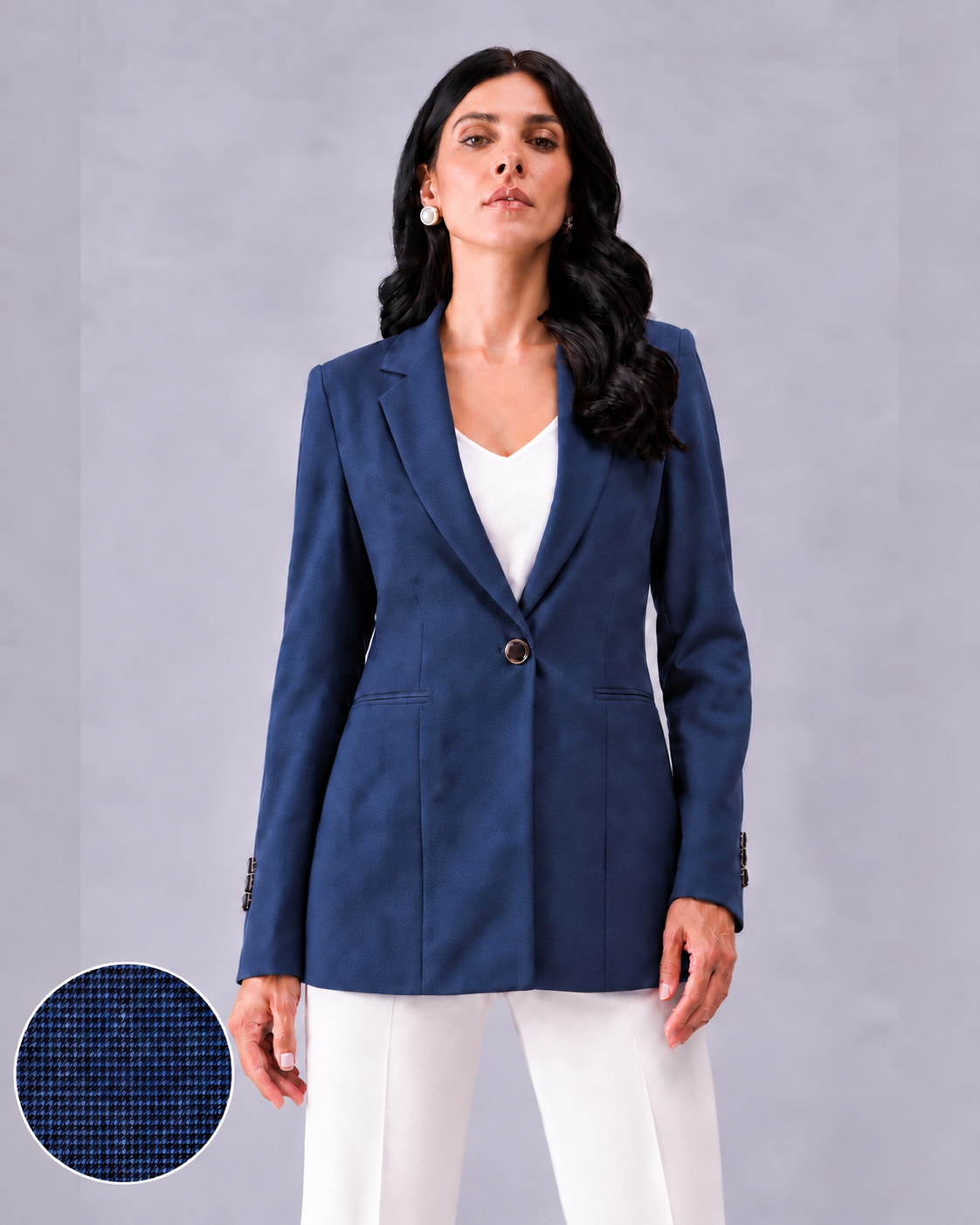 Women Navy Blue Checked Single Breasted Formal Blazer