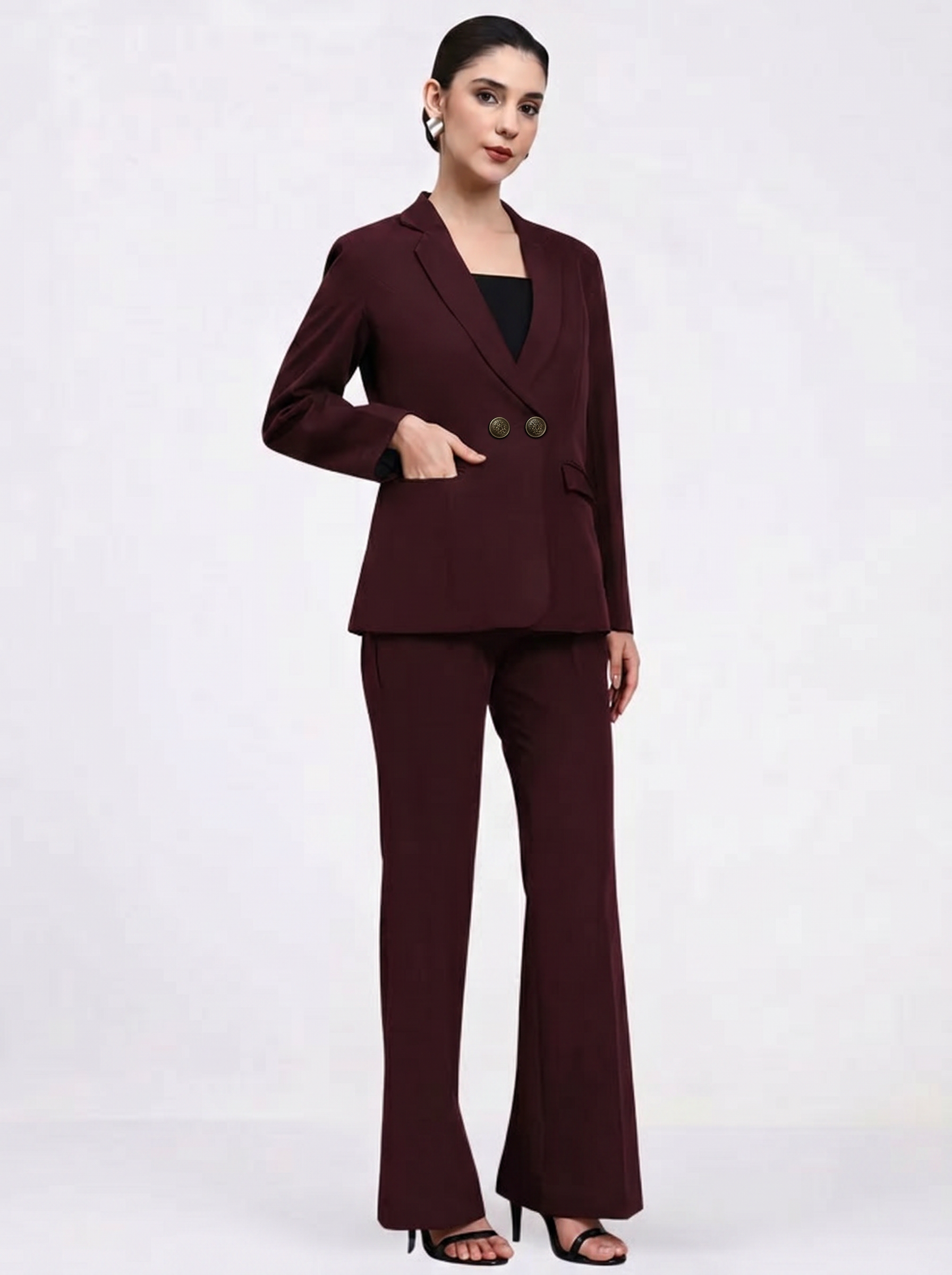 Women Burgundy Single Breasted Formal Pantsuit
