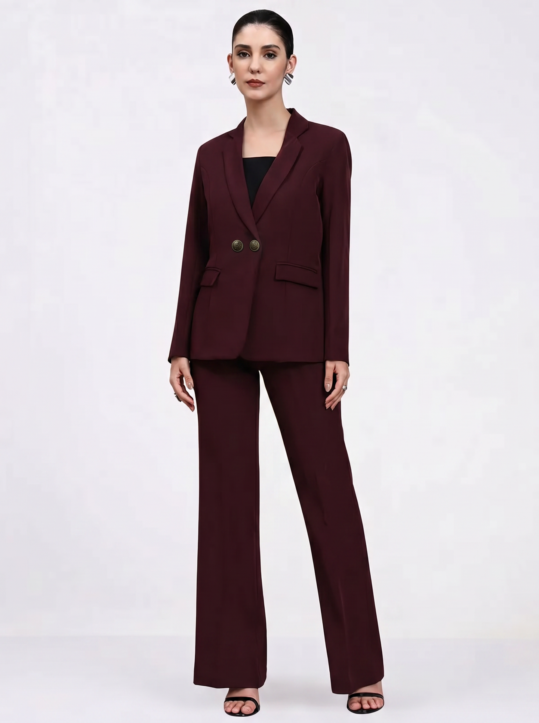 Women Burgundy Single Breasted Formal Pantsuit