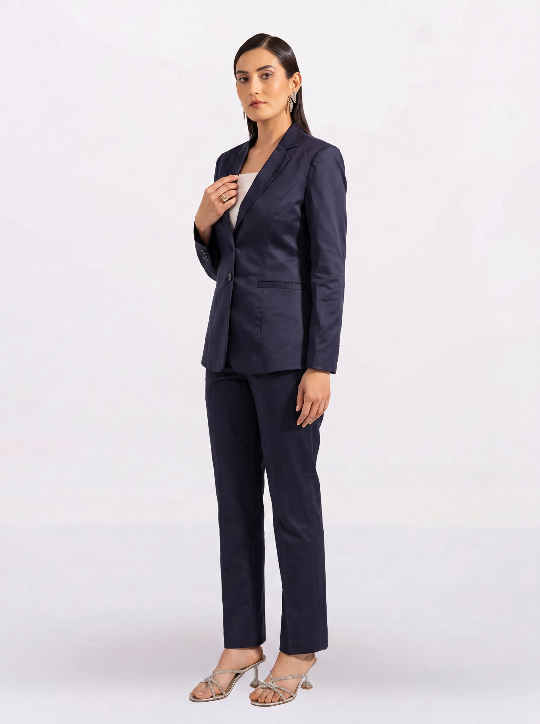 Women Navy Blue Single-Breasted Formal Pant Suit