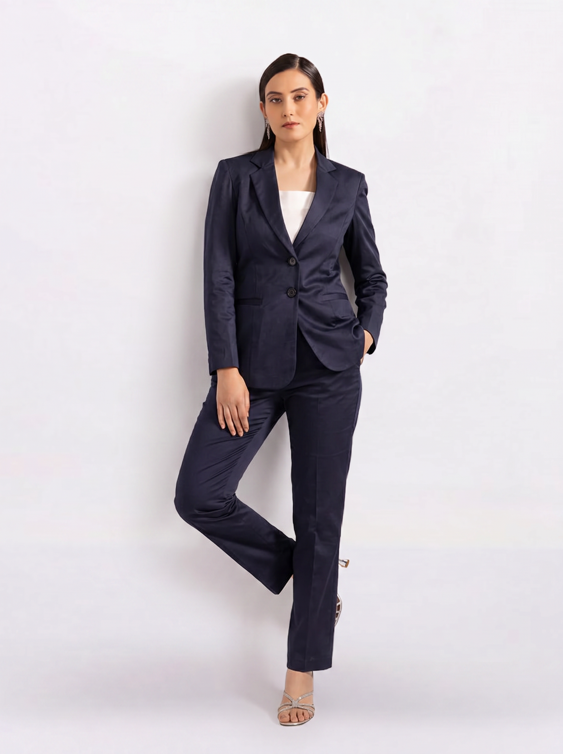 Women Navy Blue Single-Breasted Formal Pant Suit