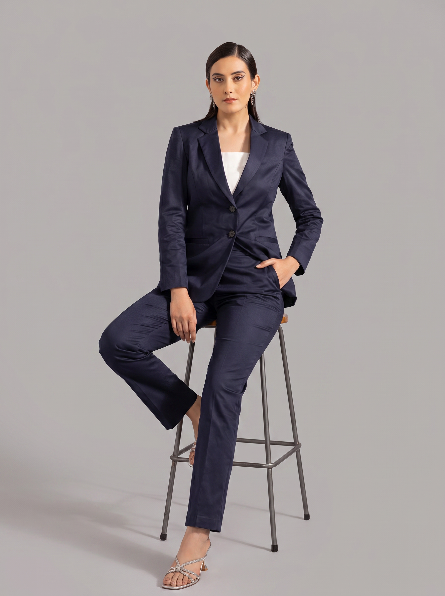 Women Navy Blue Single-Breasted Formal Pant Suit