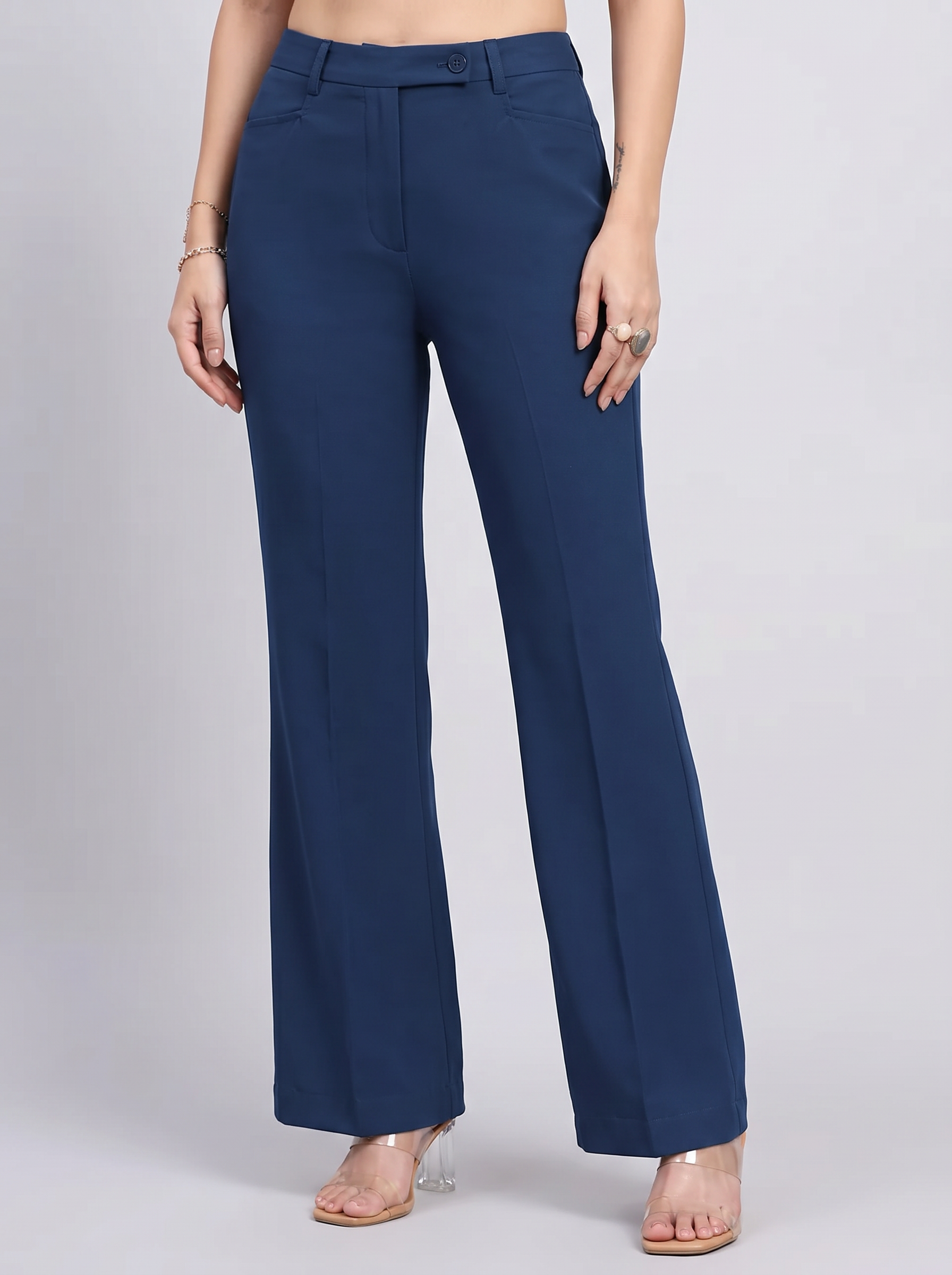 Women Navy Blue Stretch Mid Rise Trouser