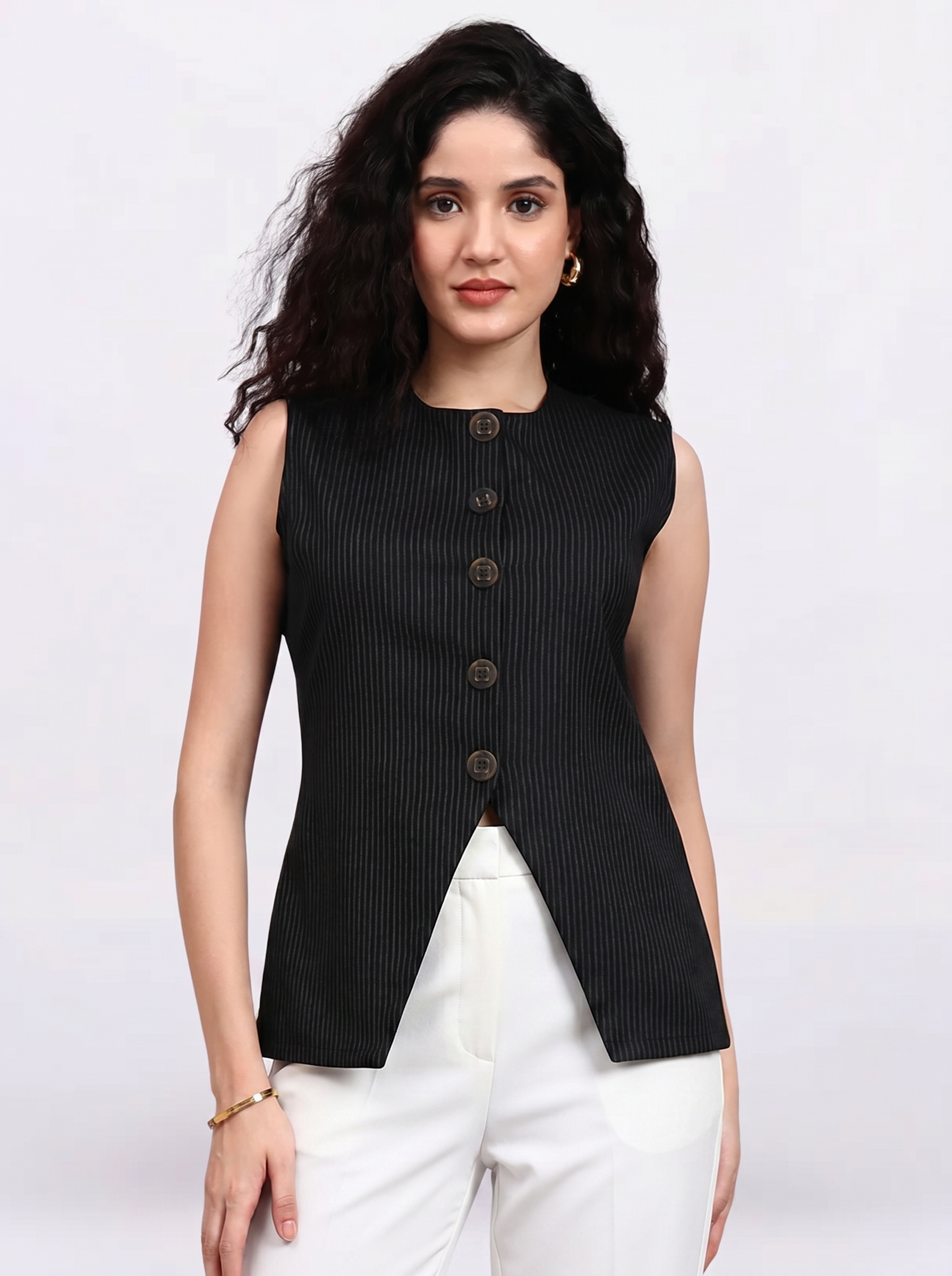 Women Black Pinstripe Top
