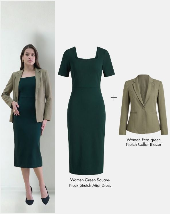 Women green square neck dress with Fern green Blazer