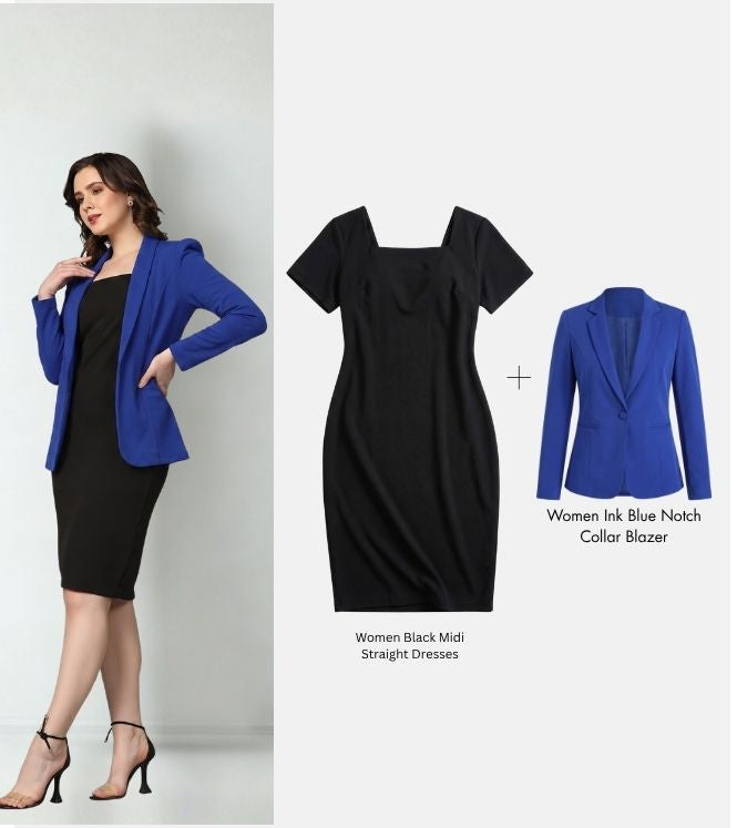 Women Black dress with Ink Blue Notched Lapel Blazer