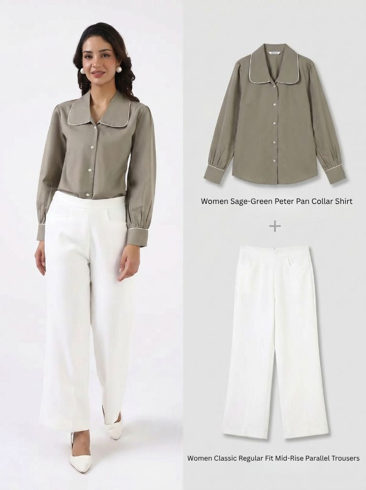 Women sage green shirt with white relaxed fit Trouser