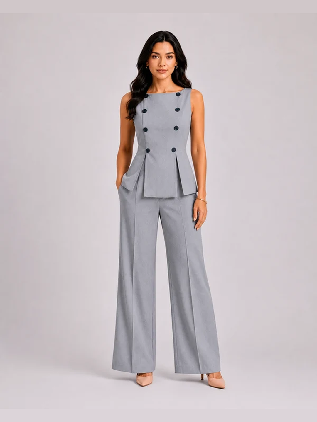 Women Light Grey Buttoned Co-Ord Set