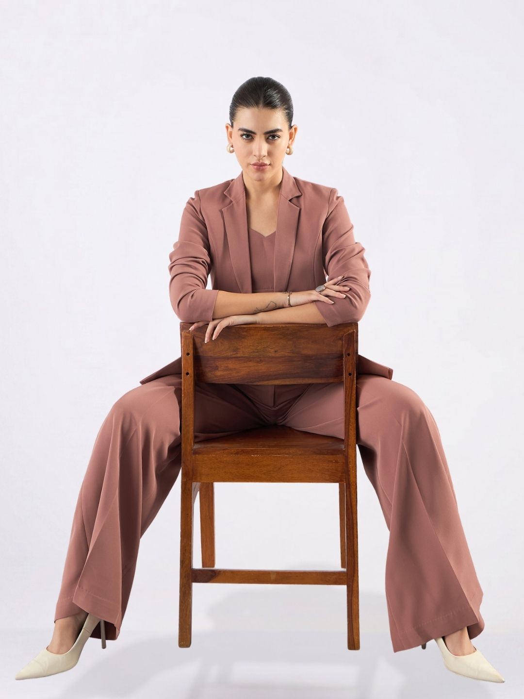 Women Peach Tailored-Fit Single-Breasted Three-Piece Formal Pantsuit