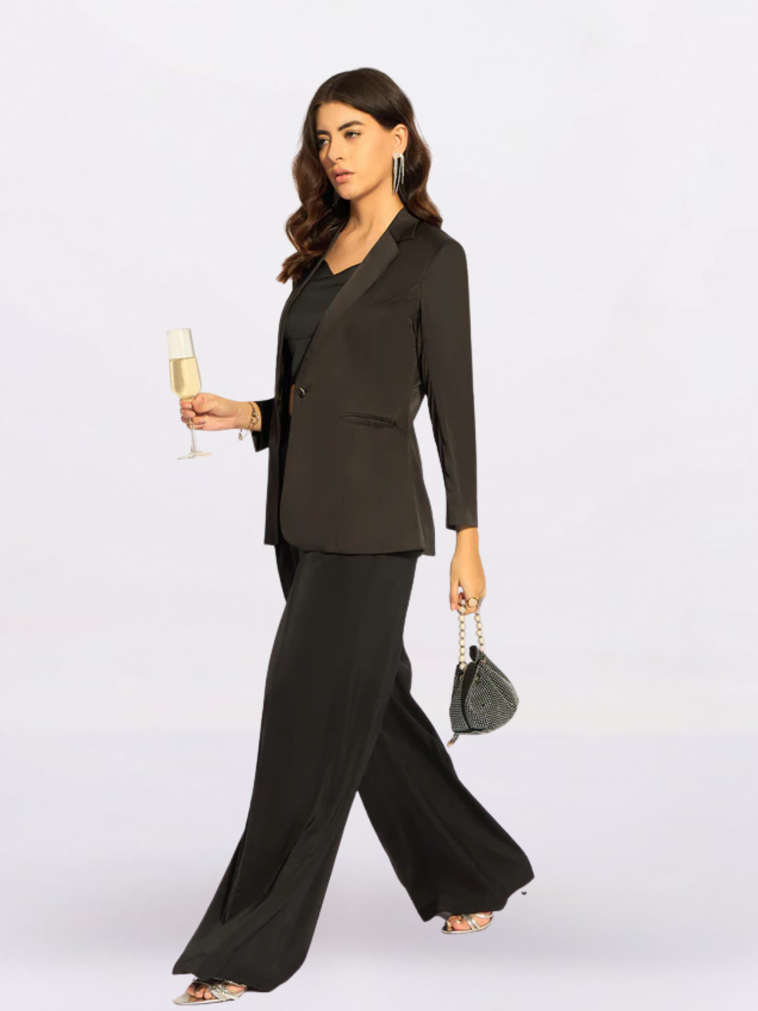 Women Black Three - Piece Satin Pantsuit