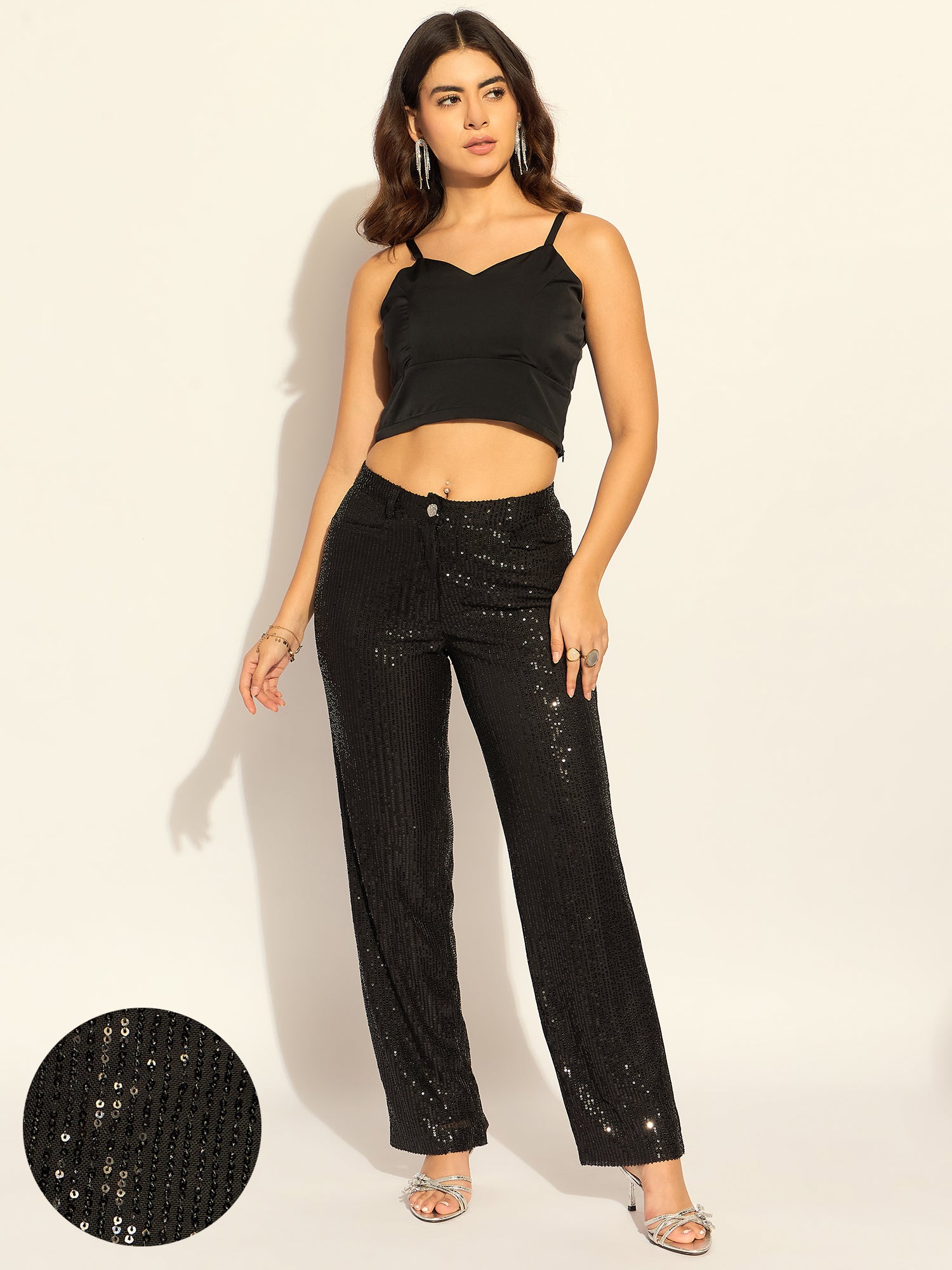 Women Textured Embellished Straight Fit High-Rise Wrinkle Free Trousers