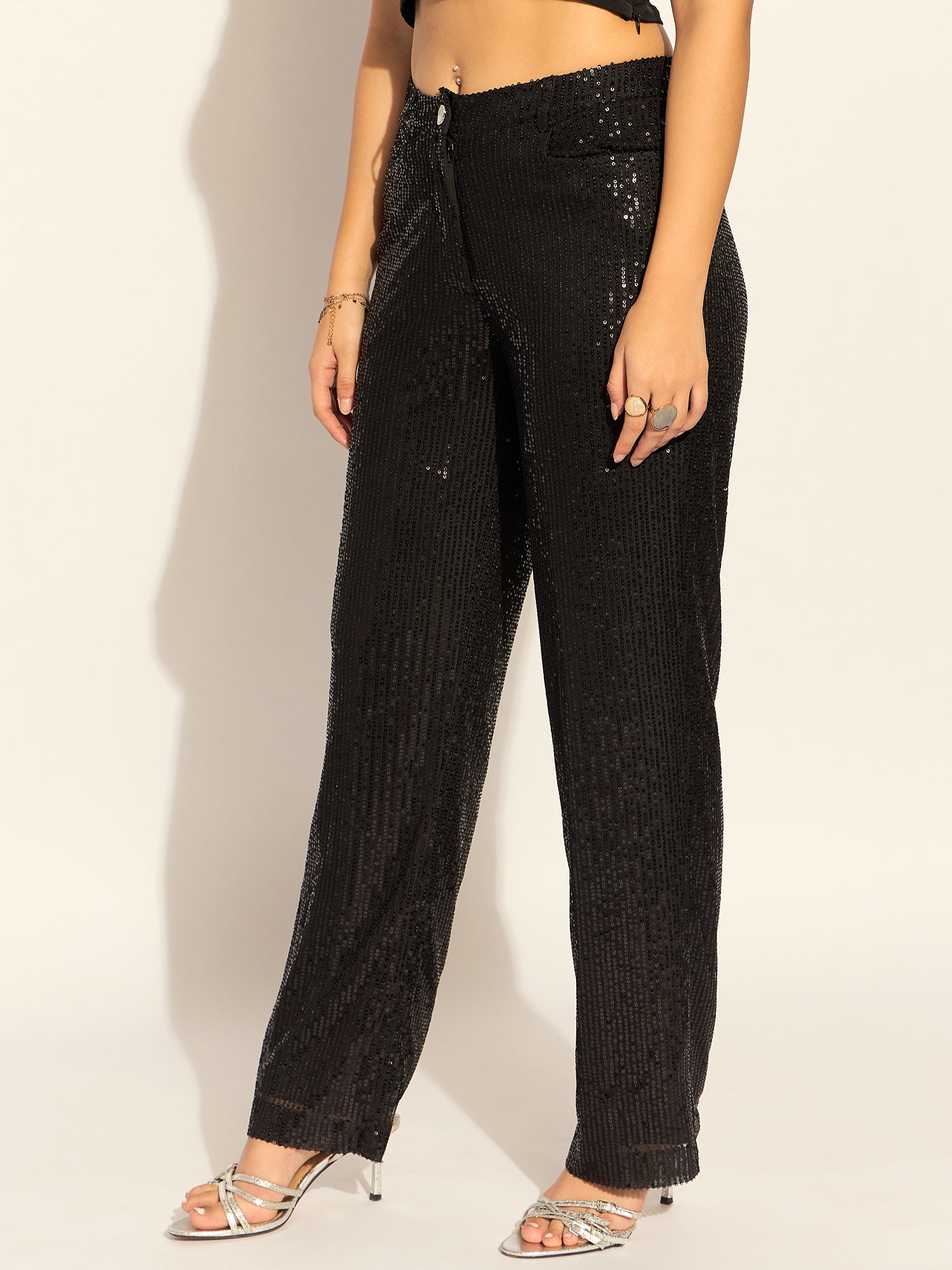 Women Textured Embellished Straight Fit High-Rise Wrinkle Free Trousers