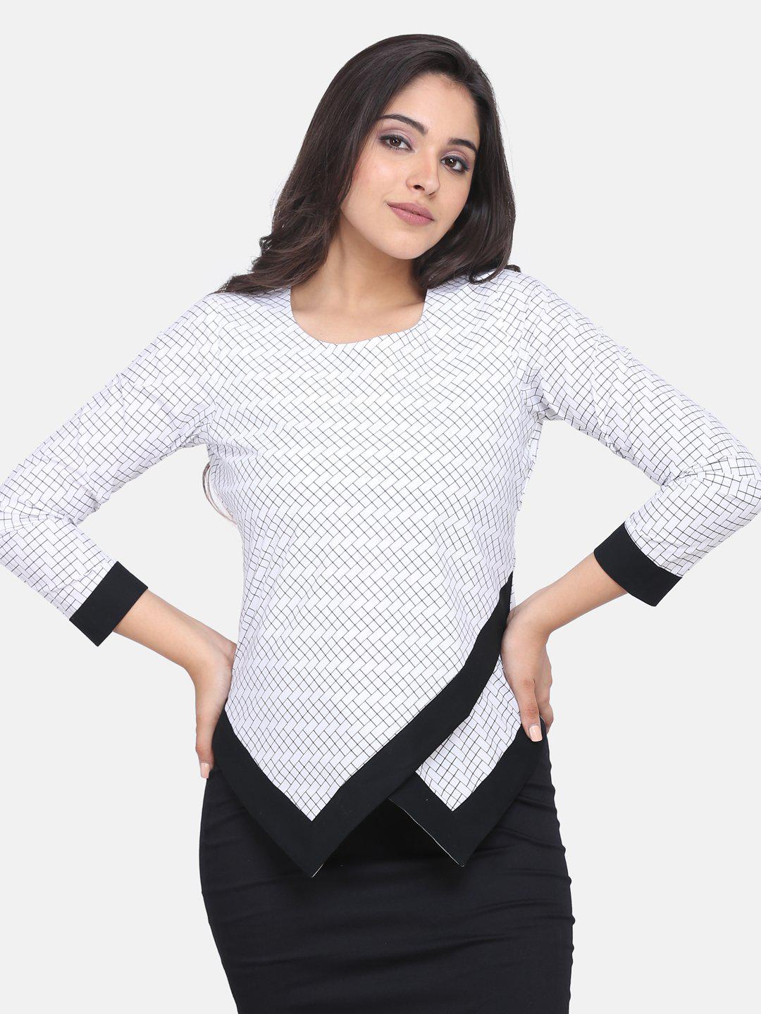 Geometric Pattern Patch Detail Cotton Top For Women - White