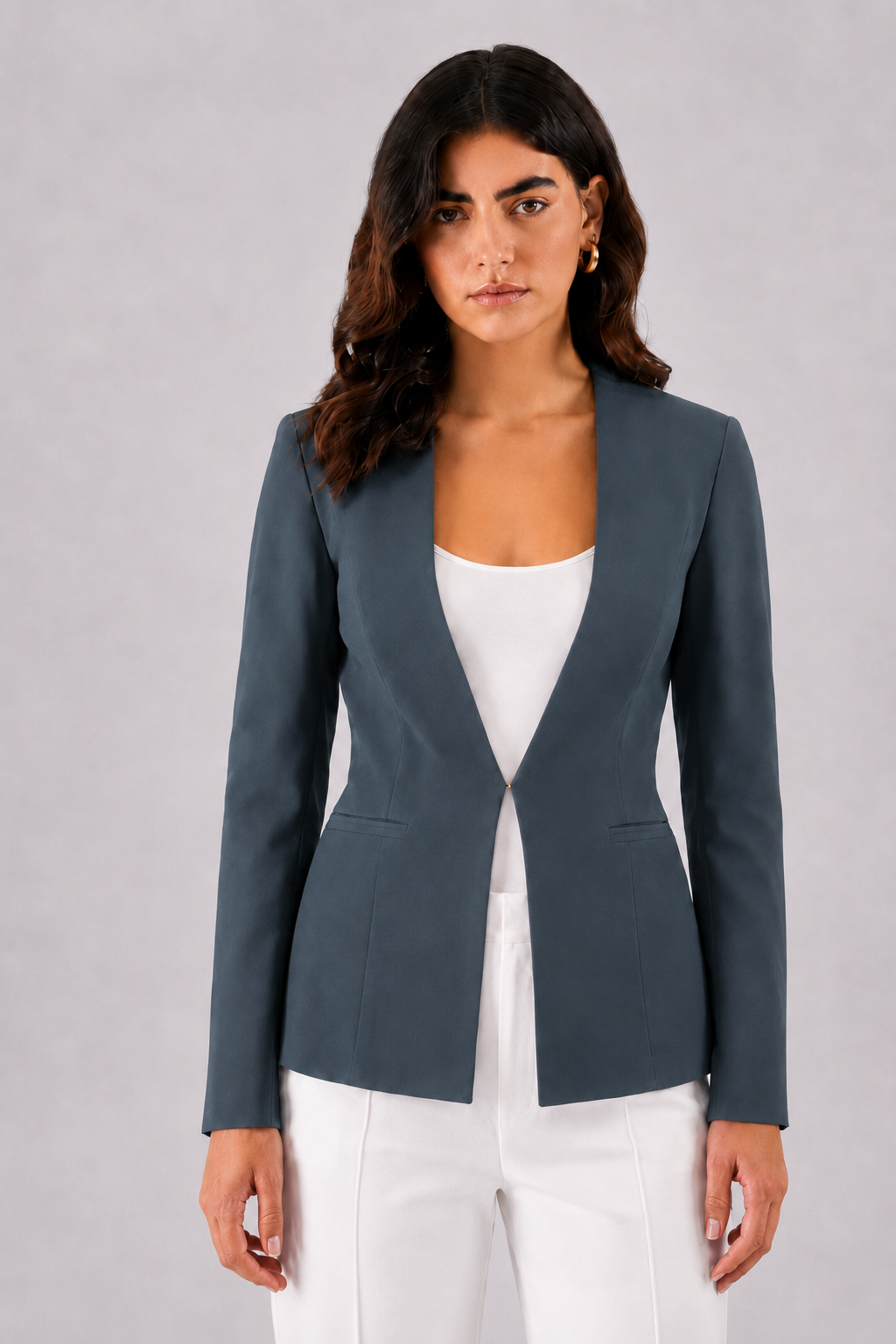 Women Dark Grey Formal Lapelless Blazer