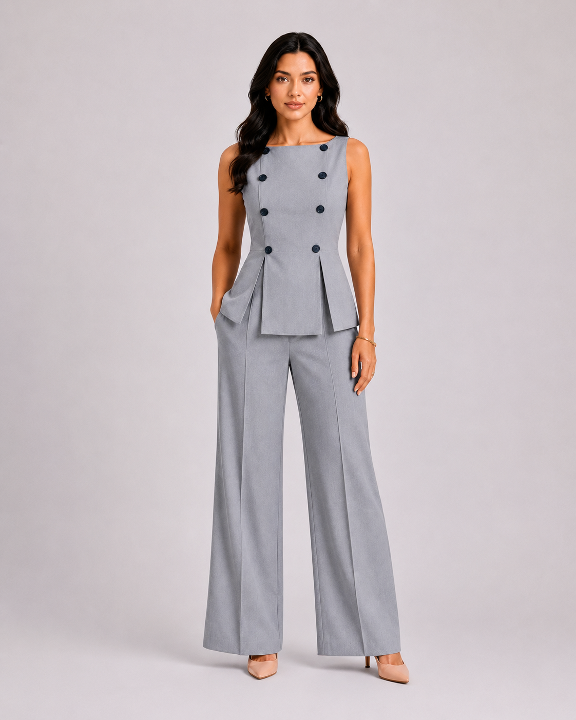 Women Light Grey Buttoned Co-Ord Set