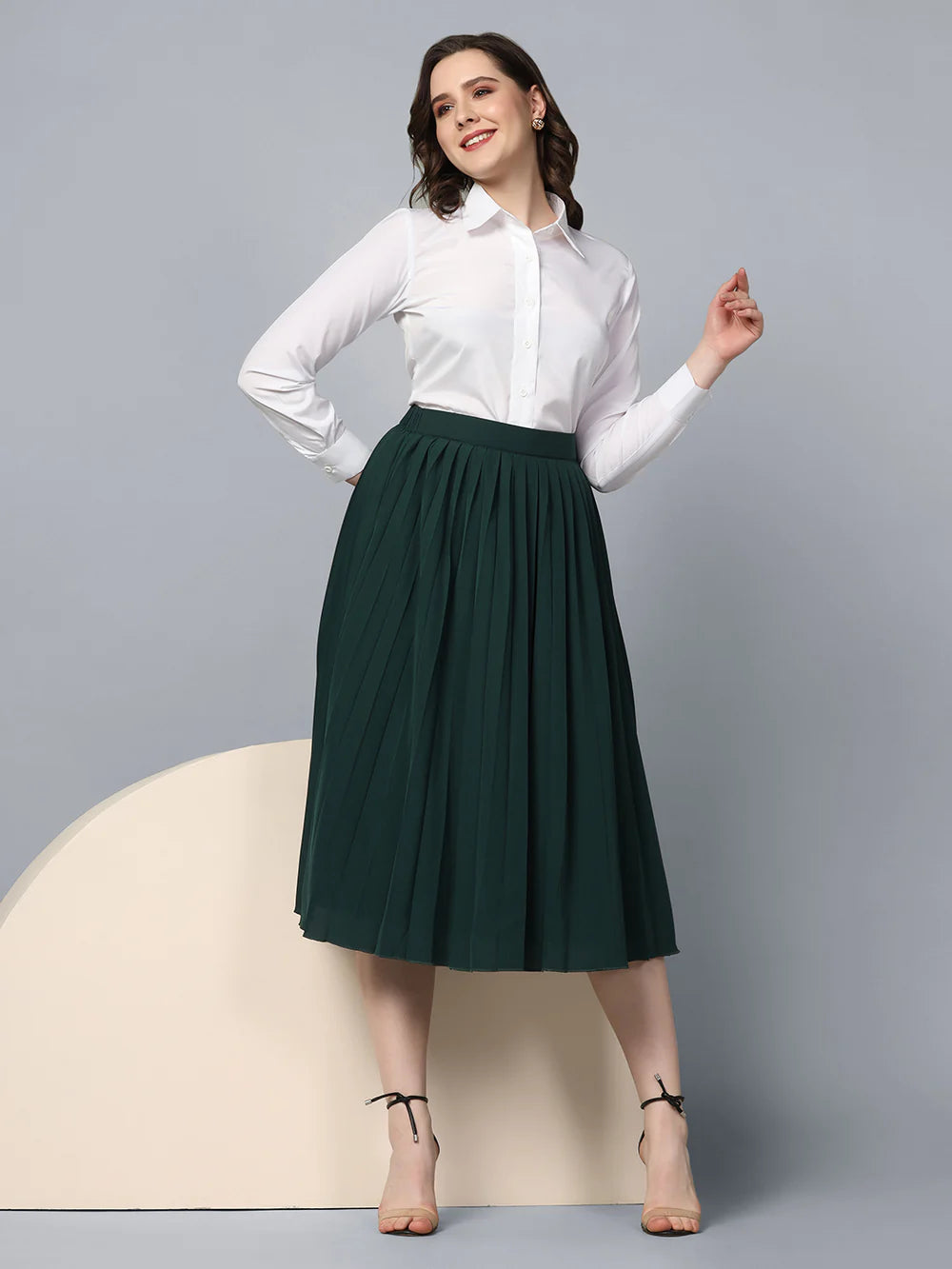 Pleated Skirt With Collared Crepe Shirt