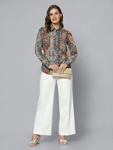 Printed Multicolor Collared Shirt With Comfort Fit Wide Bottom Stretch Trouser